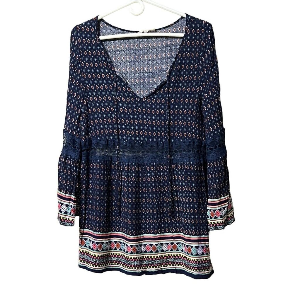 Entro Babydoll Mini Dress Size Medium Bell Sleeves‎ Lace Colorful Preppy Boho
